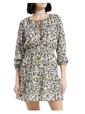 Theory Graphic Silk Blouson Mini Floral Dress M Drawstring Neck Bishop Sleeve
